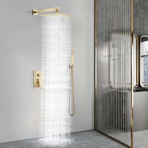 Aolemi Shower Faucet Set Rain Shower System with Handheld Spray Bathroom Shower Combo Rough-in Valve and Shower Trim Kit Included Brushed Gold 16 Inch Wall Mount Shower Head - color: Brushed Gold, size: 16 Inch Wall Mount Shower Head