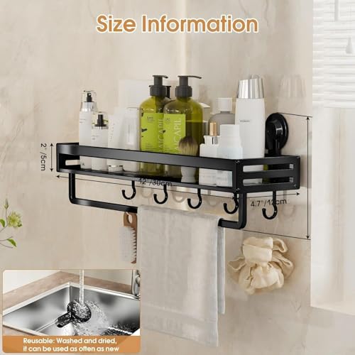 Suction Cup Shower Caddy,11.8 inch Extended Version, with 5 Hooks & Towel Rrack, No Drilling Required, Rust-resistant Bathroom Shower Organizer (1Pack-Black) - size: 11.8 inches(US)