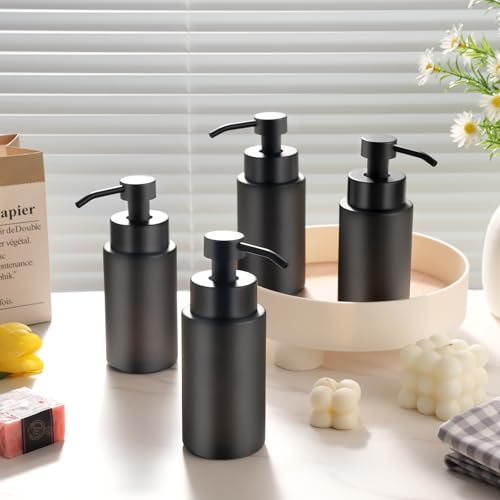 6 Pack 10 OZ Glass Foaming Soap Dispenser for Bathroom & Kitchen Foaming Hand Soap Dispenser with Labels Dispenser for Liquid Soap,Shampoo,Body Wash,Dish Soap,Black