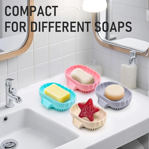 Silicone Soap Dish with Drain 2 Pcs, Anti-Slip Bathroom Bar Soap Holder Dishes Self Draining Waterfall Saver Plate for Shower Sink - Unique Bottom Brush Easy Dry & Clean (Pink + Lavender Grey) - color: Pink + Grey