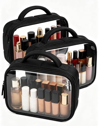 Moyad TSA Approved Toiletry Bag Clear Quart Size Travel Bags Makeup Bag | Large Opening, for Men and Women, Carry on Airline Compliant, Transparent Liquids Pouch, Puffer Black - color: Puffer Black, size: 3 Pack, Handle