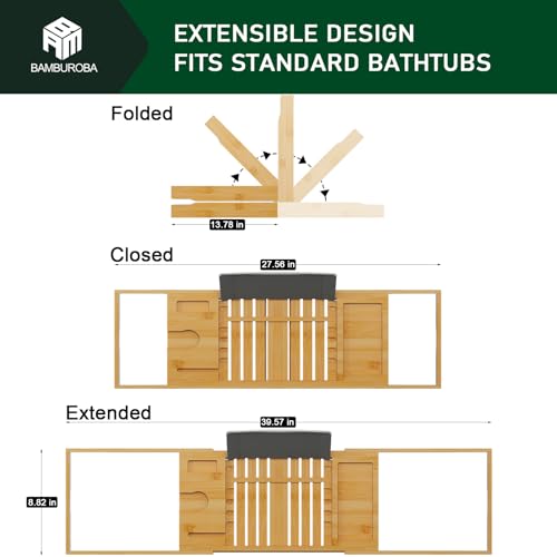 Foldable Bamboo Bathtub Caddy Tray Expandable for Luxury Bath, Bath Accessories & Table with Wine Glass Holder, Book Stand Bathroom Organizer with Extending Sides for Men/Women - color: Natural Bamboo