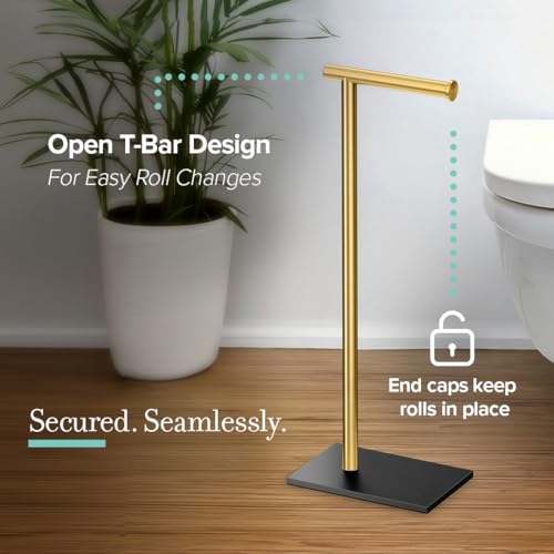 Gatco 1431MXB Modern Rectangle Base Freestanding Toilet Paper Holder, Matte Black/Brushed Brass, Weighted Base, 21.25" Bathroom Tissue Stand - color: Matte Black Brushed Brass, 21.25"h