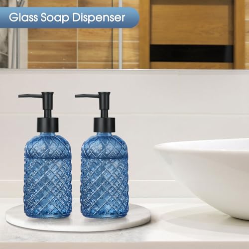 2 Pack Gem Glass Soap Dispenser with Black Plastic Pump, 13oz Liquid Hand Soap Dispenser, Rustproof Pump for Kitchen & Bathroom, Great for Lotions, Essential Oil, Liquid Soaps-Blue - color: Gem-blue, size: Plastic Pump
