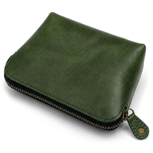 Full Grain Leather Cosmetic Bag – Zippered Makeup Pouch for Women, Small Travel Toiletry & Organizer Pouch for Purse, Premium Handmade Leather (5 × 4 × 2.5 in) - color: Green