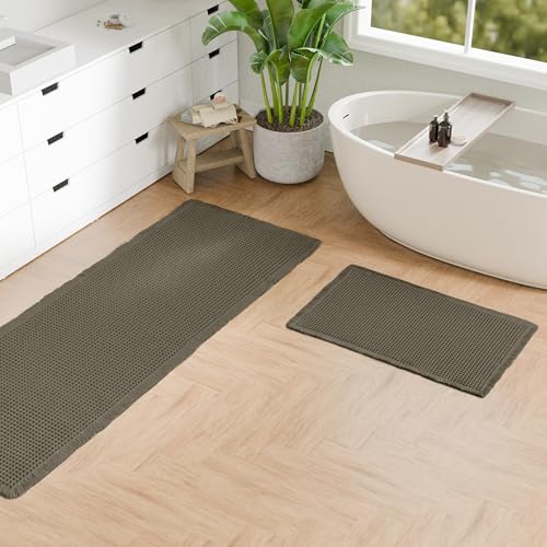 Hiasan Set of 2 Waffle Bath Mat, Super Absorbent Non Slip Bathroom Boho Rug with Tassels, Machine Washable Bath Mats for Bathroom, Ultra Soft Rubber Backed Rug, Grayish Green, 16" x 24" + 24" x 60" - color: Grayish Green, size: 16" x 24" + 24" x 60"
