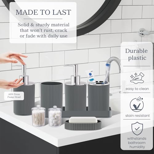 Grey Bathroom Accessories Set, 10PC Bathroom Set, Bath Accessory with Pop Up Trash Can, Soap Dispenser, Toilet Brush, Toothbrush Set Qtip Holders & Tray - color: Gray & Silver, size: 10-Piece Set (Accessories Only)