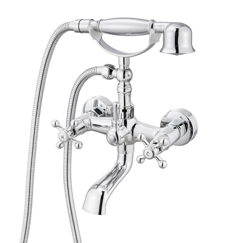 gotonovo Wall Mount Clawfoot Bathtub Faucet with HandHeld Spray and 360° Double Cross Handle Swivel Spout Vintage Tub Shower Faucet Set with Adapter Adjustable Swing Arms Polish Chrome - color: Polish Chrome