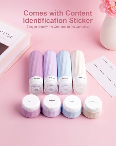 Mrsdry Travel Size Toiletries 8 Pack, TSA Approved 3oz/1oz Silicone Refillable Containers with Clear Travel Bag - color: Lavender, size: 3oz bottle 1oz jar