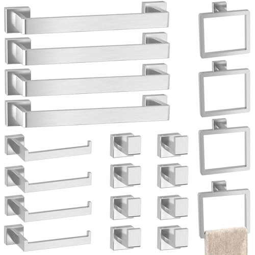 Bathroom Accessories Towel Bar Set: 20 Pieces Brushed Nickel Square Bathroom Hardware SUS304 Stainless Steel - Wall Mounted Towel Rack&Toilet Paper Holder&Towel Ring and Towel Hook - color: Brushed Nickel, size: 16inch 20 Pieces