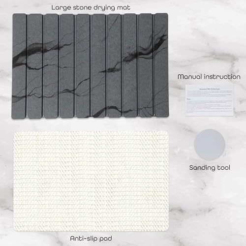 Stone Dish Drying Mat 24" x 16" – Dish Drying Stone Mat – Large Diatomaceous Earth Drying Mat with Non-Slip Base – Quick Dry Kitchen Drying Pad for Dishes, Glassware & Bottles (Marbled Dark Grey) - color: Marbled Dark Grey