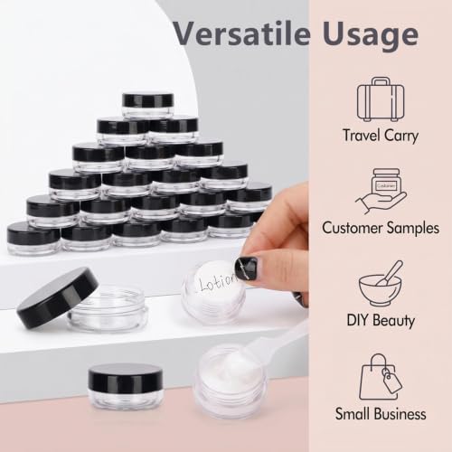 3 Gram Sample Jars with Lids, 25 Count Mini Cosmetic Containers - Makeup Travel Containers with Labels, Tiny Disposable Spatulas - color: Black