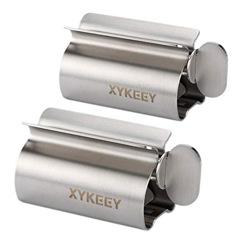 XYKEEY Set of 2 Toothpaste Squeezer Rollers, Metal Toothpaste Tube Wringer Seat Holder Stand (Stainless Steel) - color: Stainless Steel