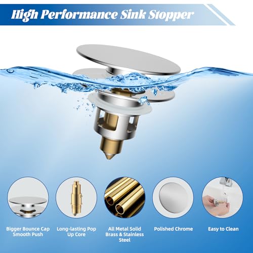 Hibbent All Metal 2 in 1 Bathroom Sink Stopper, Universal Pop Up Drain Strainer, Brass Bullet Core Push Type Sink Stopper for 1.1''~2.3'' Basin, Big Push Button, Anti Clogging Drain Filter, Chrome - color: Chrome