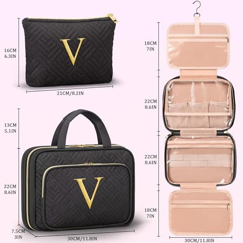 Gifts for Women, Initial Toiletry Makeup Bag Hanging Cosmetic Organizer with Embroidery Letter Personalized Nurse Teacher Appreciation Birthday Mothers Day Gifts for Mom Sister Wife Friends Auntie Her - style: V