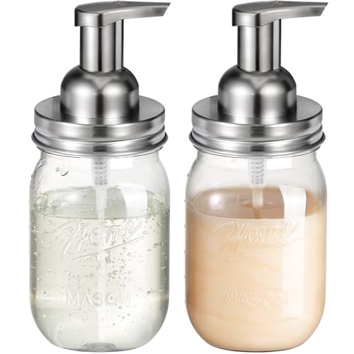 Amolliar Plastic Mason Jar Foaming Soap Dispenser with Pump Lid,16OZ Refillable Hand Soap Dispenser Set with Cute Lables - Farmhouse Decor for Kitchen/Bathroom, Lotion Dish Soap (2 Pack, Silver) - color: Clear Jar With Silver Pump, size: 2 Pack