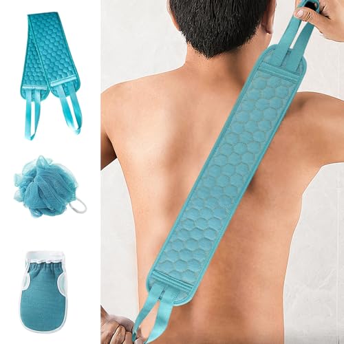3 Pcs Exfoliating Bath Set with Back Scrubber Strap Shower Glove and Loofah Sponge for Deep Body Cleaning and Full Body Exfoliation(Blue) - color: Blue