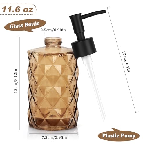 1 Pack 13.5oz Glass Soap Dispenser with Plastic Pump, Diamond Stripe Design Refillable Hand Soap Dispenser for Hand Wash, Bathroom and Kitchen - color: Crystal Dark Brown