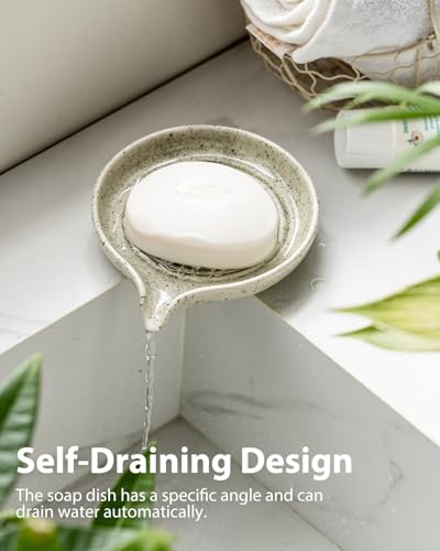 Soap Dish with Self-Draining Design, Ceramic Soap Holder with Drain Spout Soap Tray for Shower, Bathroom and Kitchen Sink, Keep Bar Soap Dry, Speckled Glaze - color: Speckled Glaze, size: Round