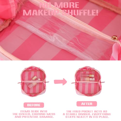 DYSHAYEN Stripe Travel Makeup Bag with Compartments Clear Coated Cosmetic Bag for Women, Waterproof Portable Open Flat Toiletry bag （Pink-Hot Pink） - color: Pink-Hot Pink