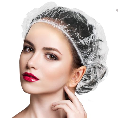 Large Disposable Shower Caps, 50cm=20in 50pcs Plastic Clear Hair Cap Waterproof Bath Caps for Women & Men Unisex Reusable Travel Essentials for Deep Conditioning Thin Design