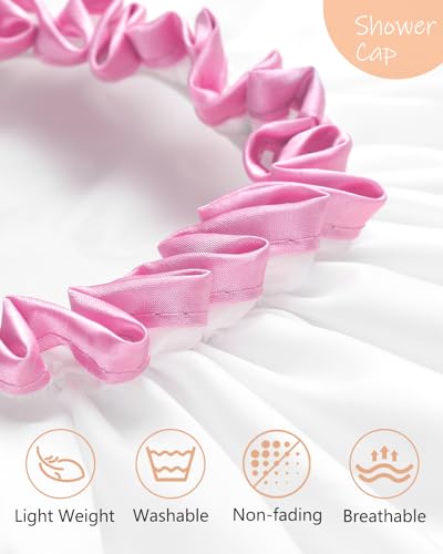 mikimini White Shower Cap Waterproof Reusable, Double Layers Bathing Hair Cap with Soft Comfortable PEVA Lining, Cute, Non-fading & Stretchy Shower Hat Medium (Pack of 1) White - color: White+Pink Lace, size: Medium (Pack of 1)