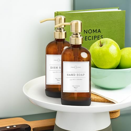 Vine Creations Amber Glass Soap Dispenser, 2 Pack Kitchen Soap Dispenser Set with Stainless Steel Pump, 16 oz Dish Soap and Hand Soap Dispensers for Bathroom with Waterproof Labels and Protective Pads - color: Amber Bottle / Brushed Brass Pump
