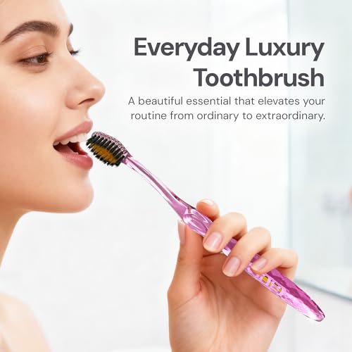 Nano-b Manual Toothbrush for Adults with Sensitive Gums, Gold & Charcoal Soft/Medium Bristles, Travel Case, Blue - color: Blue, style: Gold/Charcoal Bristles