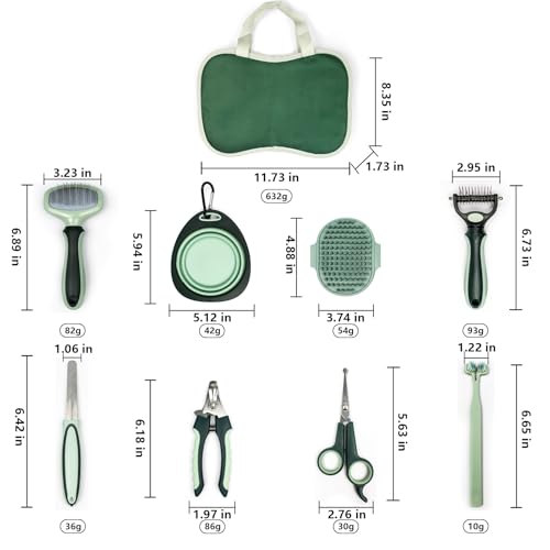 Grooming Brush Kit - 8 Pcs for Shedding & Matted Fur, Self-Cleaning with Flea Comb, Includes Indoor Microbrush, Cat Toothbrush Collapsible Dog Bowls for Travel