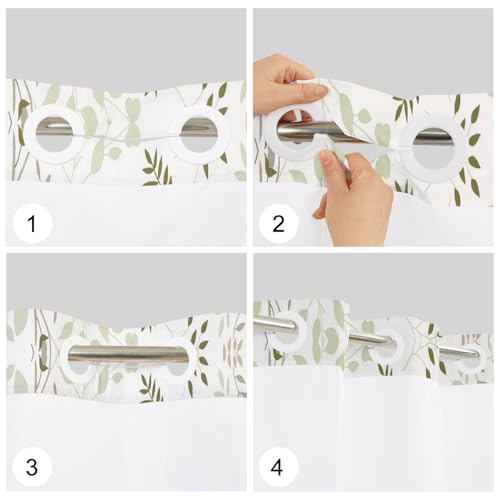 No Hook Botanical Shower Curtain with Snap in Liner, 71x74 Inch | Sage Green Leaf & Blush Floral Shower Curtains for Farmhouse Bathroom, Mesh Top Window Waterproof Fabric Bath Curtain, - color: Light Green Botanical