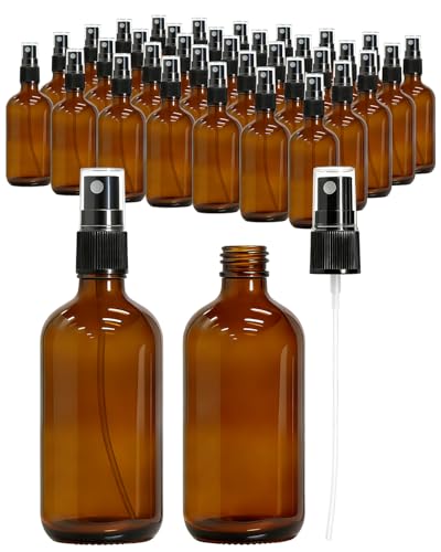 KEYWING 35 Pack Small Amber Glass Spray Bottles for Essential Oils, 4oz Empty Fine Mist Mini Spray Bottles, Refillable Containers for Hair, Travel, Plants, Cleaning, Skin Care - size: 4oz