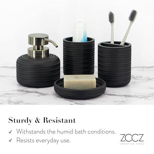 ZCCZ Black Bathroom Accessories Set 4 Pcs - Toothbrush Holder, Soap Dispenser, Vanity Tray, Tumbler - Countertop Organizer for Bathroom - Modern Accessory Set for Home Decor and Storage - color: Black 4pcs
