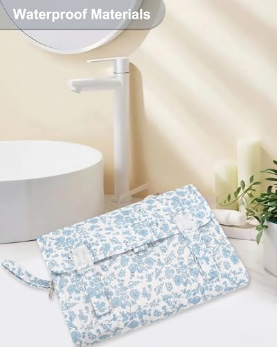 Relavel Travel Toiletry Bag with Hanging Hook, Floral Hanging Toiletries Bag for Women, Large Capacity Makeup Cosmetic Storage Organizer for Full Sized Container, Accessories - Blue Flower - color: 01 Blue Flower, size: X Large