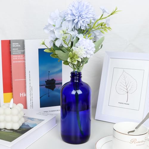 PINIWON 12 Pack 16 oz Cobalt Blue Glass Bottles, Boston Round Sample Bottles with Black Poly Cone Caps, Labels and Funnels - color: Cobalt Blue