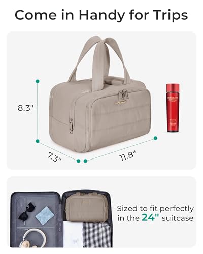 BAGSMART Travel Toiletry Bag, Crush Toiletry Bag for Women, Wide-open Puffy Toiletry Bags for Traveling, Large Travel Cosmetic Makeup Bag Organizer for Accessories,Toiletrie, Grayish Brown - color: c-Grayish Brown