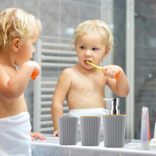 XLHOMO Grey Bathroom Accessories Set, 9 Piece Gray Bathroom Set, Bathroom Accessory Sets Compelete with Trash Can, Toothbrush Holder, Cup, Lotion Dispenser, Tray, Soap Dish, Toilet Brush, Qtip Holders - color: Hollow Grey, size: Hollow Cover Bathroom Set