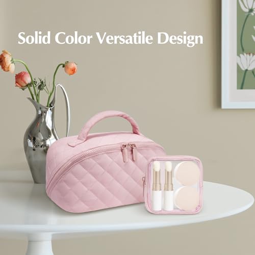 honitty Makeup Bag, Quilted Makeup Bag, Puffy Travel Make up Bags, Cosmetic Organizer Bag, Waterproof Toiletry Bag for Women - color: Pink
