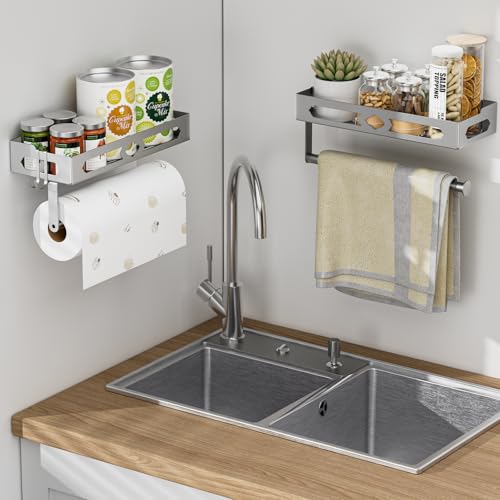 Stylish Kitchen Paper Towel Holder with Shelf - Adhesive Hand Towel Holder for Bathroom Wall Mount, Rust-Resistant Matte Grey Finish for RV Toilet Paper Holder Rack, Easy One-Handed Operation Design - color: Gray