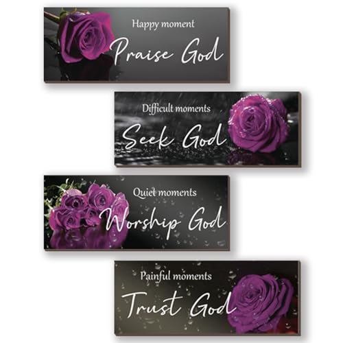 ONIZHITY 4pcs Purple Bathroom Decor Religious Wall Art Bible Verse Inspirational Rose Wall Decor Rustic Wooden Christian Sign for Home, Bathroom, Office, Bedroom, Living Room, Kitchen (10x4) - color: Purple Rose