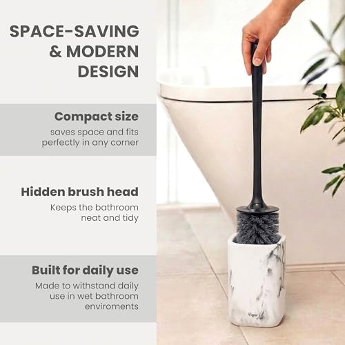 Vigar Zense Toilet Brush and Holder Set - Toilet Bowl Brush and Holder, Polyresin Stone Bathroom Accessory, Compact Toilet Cleaner Brush for Bathroom Decor and Toilet Accessories Set - White Marble - color: White Marble