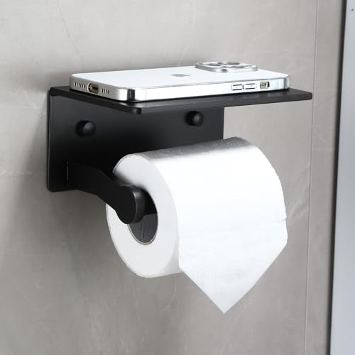 Toilet Paper Holder with Cell PhoneShelf - Toilet Tissue Holder with Wipes Storage, Wall Mounted by Adhesive Tape or Screw - Matte Black - color: Black-1 Roll