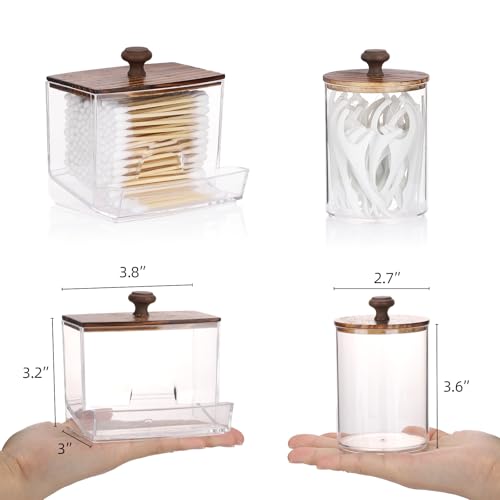 Tbestmax Qtips Holder Bathroom Container, 10oz Big Qtips Dispenser Cotton Ball Holder, Clear Plastic Apothecary Jar Organizer for Storage Cotton Swab, Round Pads, Floss Picks - color: Group C-Brown Wood