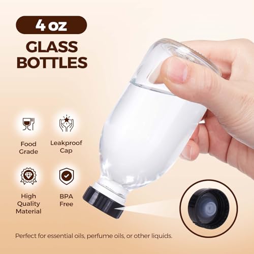 12 Pack 4 oz Boston Glass Bottle with Cap, Empty Glass Bottles for Homemade Vanilla Extract, Essential Oils, Juice, Potion, Syrup, Liquids, Christmas, Holiday Gift (Clear) - color: Clear, size: 12 Pack