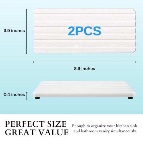 2PCS Fast-Drying Diatomite Sink Tray, Ultra-Absorbent Soap Holder for Bathroom Kitchen Countertop, Non-Slip Stone Coaster with Grooved Design & Anti-Slip Foot Pads, 8.3" x 4" x 0.4", White