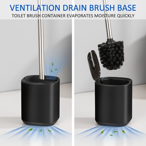 Toilet Bowl Brush and Holder, Toilet Brush with Stainless Steel Handle and Durable Bristles for Bathroom Cleaning, Automatic Closing Holder Set (Black) - color: Black