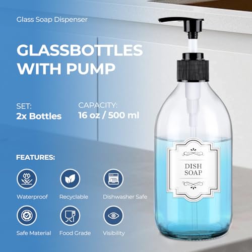 16 oz Clear Glass Soap Dispenser with Pump, Glass Pump Bottle for Lotion Body Oil, 500ml Hand and Dish Soap Dispensers Set with Storage Caps, Labels - 2 Pack - color: Clear