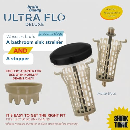 Drain Buddy Ultra Flo- 2 in 1 Bathroom Sink Stopper & Hair Catcher W/Patented Pull Clean Technology! | Fits 1.25” Sink Drains, Clog Preventing | Matte Black Metal Cap / 1 Replacement Basket - color: Matte Black