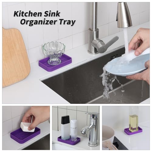 MicoYang Silicone Kitchen Sink Organizer Tray for Multiple Usage,Easy Clean Sponges Holder for Kitchen Bathroom Counter or Sink,Dish Soap Dispenser,Scrubber,Bottle,Cup Purple 4.9”x 3.2” - color: Purple, size: 4.9" x 3.2" x 0.7"