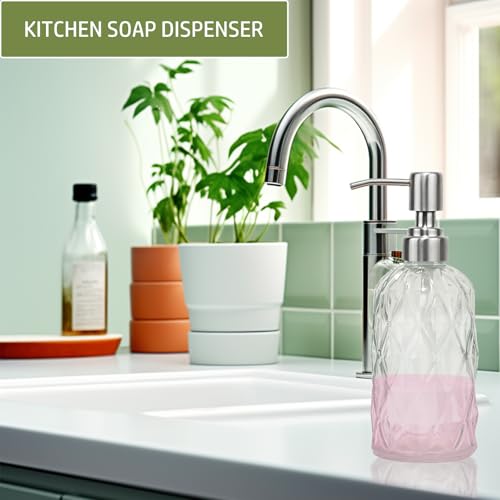 12Oz Clear Glass Soap Dispenser with Stainless Steel Pump, Diamond Design Refillable Kitchen Liquid Hand Soap Dispenser, for Dispense Hand soap, Dish Soap, Lotion, Bathroom, Countertop, Hotel - color: Clear a