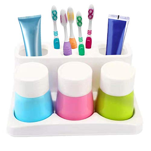 Toothbrush Holder 5 Hole Toothpaste Stand Bathroom Organizer with 3 Rinse cups for Family Set